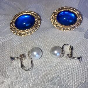 2 pr. Clip/screwback earrings, 1 blue glass gt, 1 st lg. faux pearls.   $15